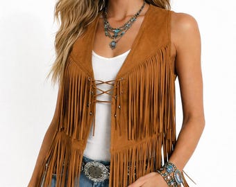 Colete artesanal de camurça com franjas – Estilo country boho