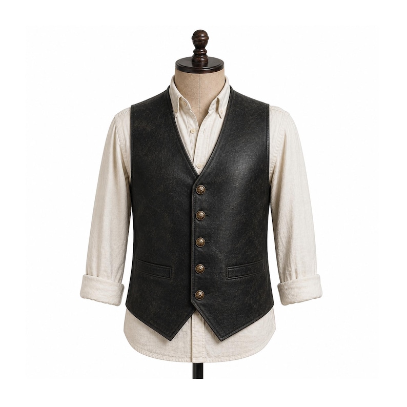 Mens black leather vest on mannequin white background, vintage distressed matte finish minimal western waistcoat