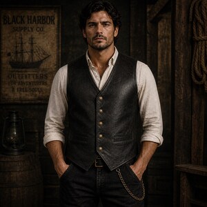 Mens vintage black leather vest front view worn by model, distressed matte finish western style waistcoat