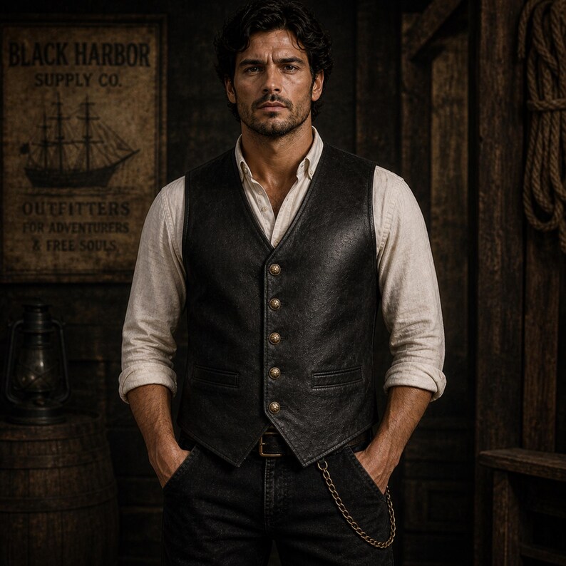 Mens vintage black leather vest front view worn by model, distressed matte finish western style waistcoat