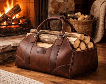 Handgefertigte Leder Holz Tragetasche, Rustikale Einkaufstasche für Brennholz