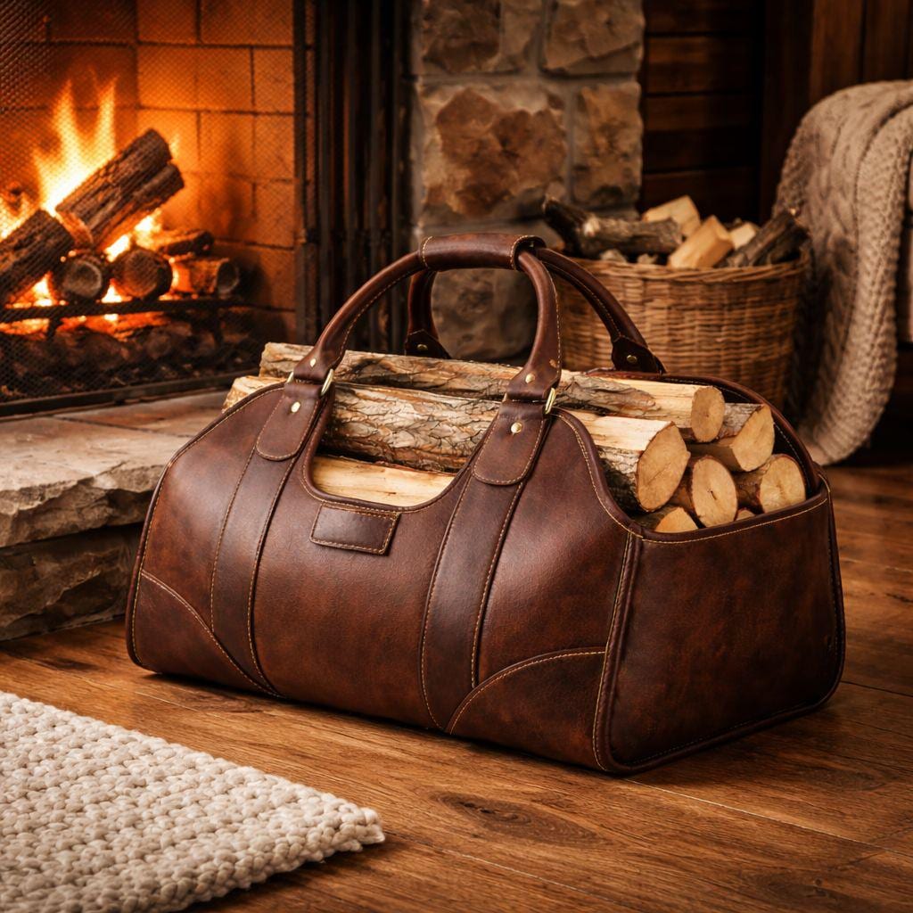 Sac à Bûches Artisanal En Cuir Pleine Fleur Avec Poignées Bois - 25 Kg