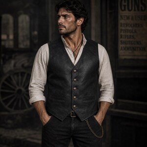 Mens black leather vest vintage distressed style worn by model, matte leather western steampunk outfit