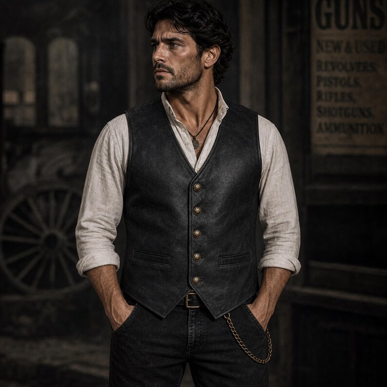 Mens black leather vest vintage distressed style worn by model, matte leather western steampunk outfit
