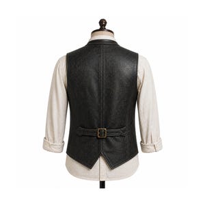 Mens leather vest back view with adjustable strap, vintage black distressed leather tailored western fit