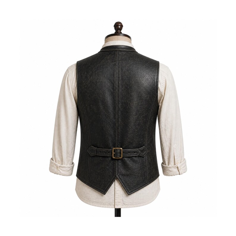 Mens leather vest back view with adjustable strap, vintage black distressed leather tailored western fit