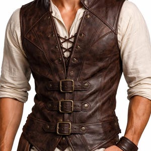Men’s Leather Pirate Vest, Viking Steampunk Gothic Vest, Renaissance Fair LARP Costume, Handmade Leather Vest for Men
