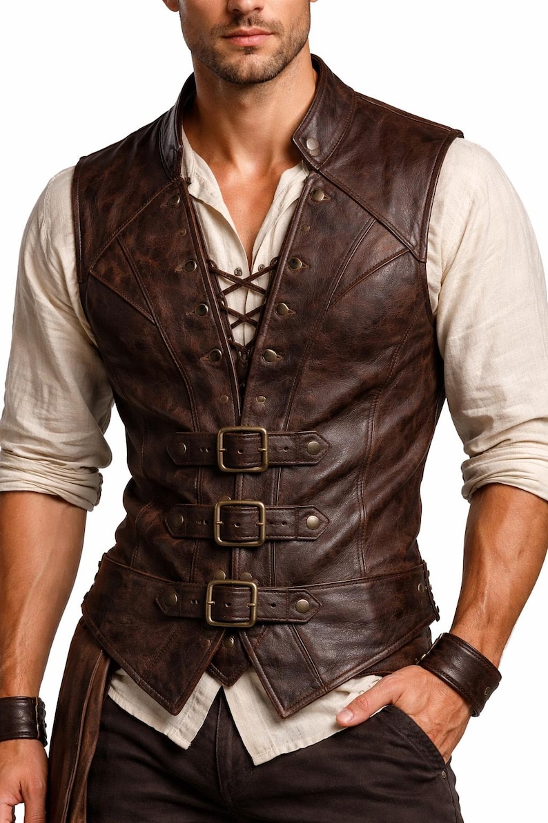 Men’s Leather Pirate Vest, Viking Steampunk Gothic Vest, Renaissance Fair LARP Costume, Handmade Leather Vest for Men