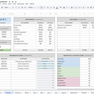 May include: A digital spreadsheet titled "College Budget Spreadsheet" displays financial data for January. It includes expense, income, and transaction summaries, with a monthly cash flow breakdown. The budget is under budget.