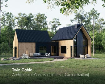 1017sf plattegronden dubbel gevelhuis | Barndominium-plattegronden met 1 slaapkamer en 1 badkamer | Home Scandinavië Ranch | Nordic Barn House-plannen: volledige architecturale set