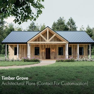 Puede incluir: Una casa de madera clara con techo de metal azul y porche. La casa tiene marcos de ventanas negros y columnas blancas. El texto "Timber Grove Architectural Plans (Contact For Customisation)" está en la parte inferior de la imagen.
