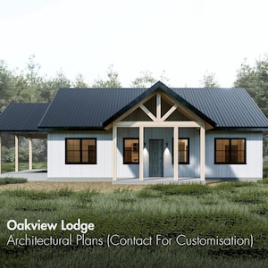 Puede incluir: Representación arquitectónica de una casa blanca de una sola planta con un tejado de metal gris oscuro. La casa presenta ventanas con marcos negros, un porche cubierto y una estructura de soporte de madera. El texto "Oakview Lodge" y "Architectural Plans" es visible.