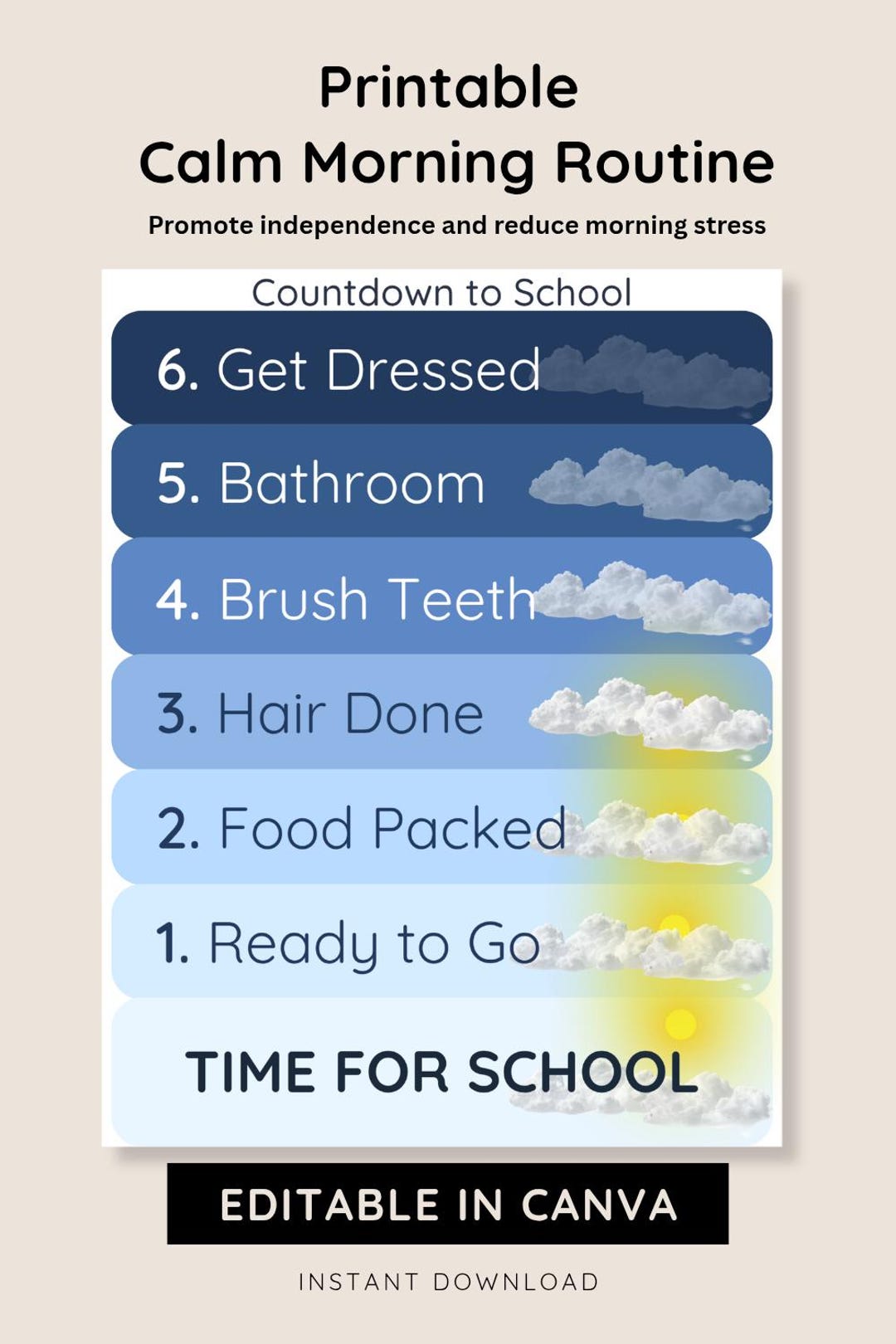 Calm Morning Routine Chart for Kids | School Day Checklist (printable ...