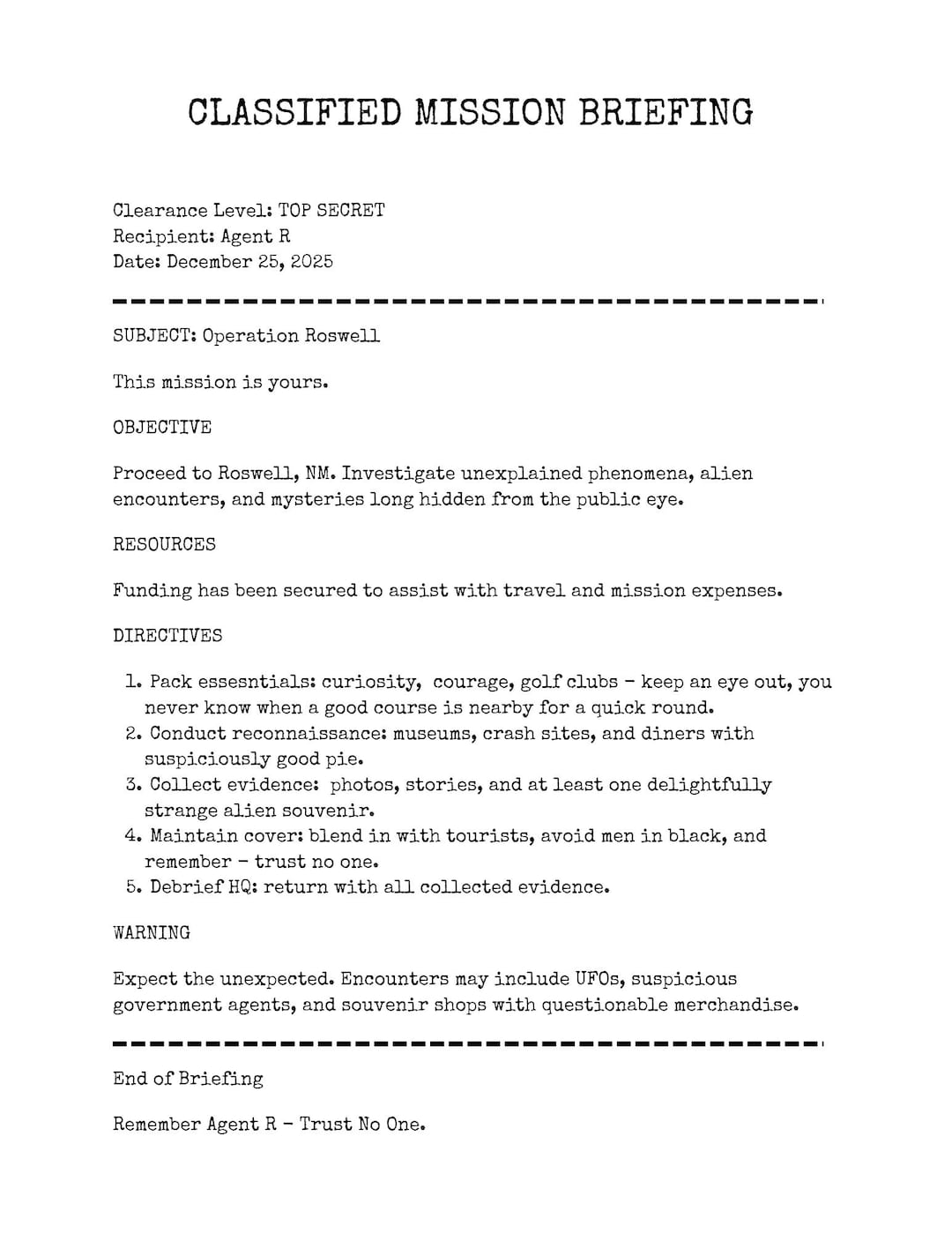 Classified Mission Briefing Gift Letter | Editable Canva Template | Fun ...