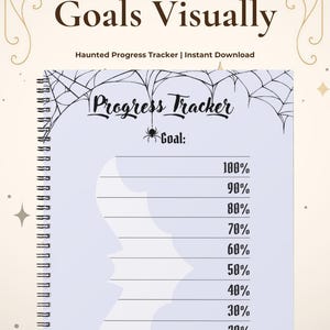 Könnte beinhalten: Ein spiralgebundenes Notizbuch mit einem Halloween-Themen-Fortschritts-Tracker. Auf dem Cover steht "Track Your Goals Visually". Im Inneren sind die Seiten mit Prozentsätzen von "Start" bis "100%" versehen. Mit einer Fledermaus-Silhouette und Spinnennetz-Design.