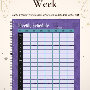 Peut inclure: Un planificateur hebdomadaire à spirale avec un design violet et blanc. Le planificateur présente une mise en page d'horaire hebdomadaire avec des créneaux horaires et des jours de la semaine. Le texte "Structure the Week" est en haut. Conçu pour le timeblocking.