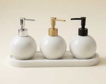 White Marble Orange-Form Soap Dispenser Set with Tray (4 Pieces, Handcrafted)