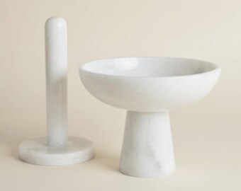 White Marble 2 Piece Towel Holder Set – Bowl Style & Paper Towel Holder