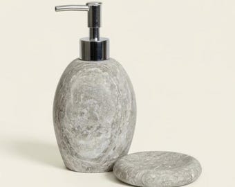 Silver Travertine Oval Soap Dispenser & Soap Dish Set – 2-Piece Handcrafted Natural Stone
