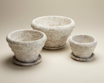 Conjunto de 3 vasos em pedra natural travertino prateado