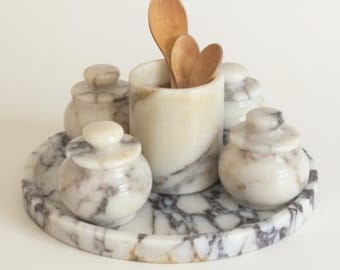 Conjunto de 6 peças para temperos e molhos em mármore lilás – Coleção de cozinha em pedra natural