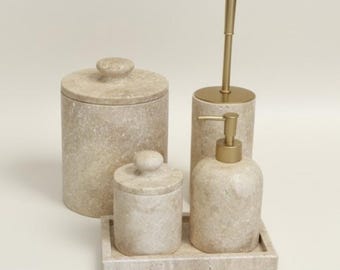 Juego de baño de piedra natural travertino – 5 piezas (hecho a mano)