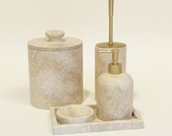 Juego de baño de piedra natural travertino – 5 piezas (hecho a mano)