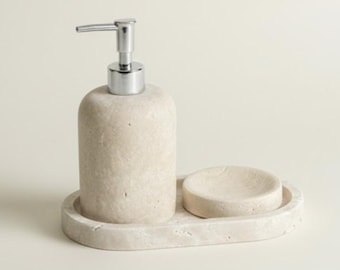 Light Travertine Bathroom Set with Ellipse Tray (3 Pieces, Handcrafted)