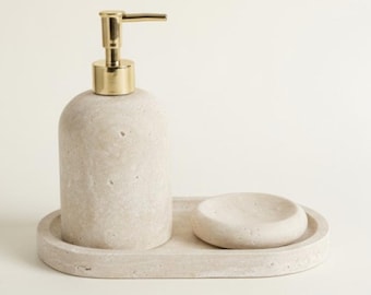 Travertine Bathroom & Kitchen Set with Oval Tray (3 Pieces, Handcrafted)
