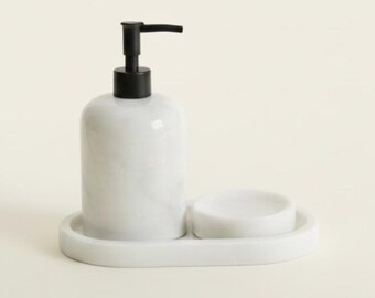 White Marble Bathroom Set with Oval Tray & Black Details (3 Pieces, Handcrafted)