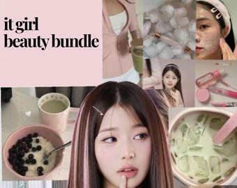 May include: A collage with the text "it girl beauty bundle" on a pink backdrop. The image incorporates beauty and lifestyle items, including skincare, food, and a person, creating a lifestyle aesthetic.