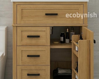 Meuble-lavabo en chêne clair, meuble vasque simple à 4 tiroirs, meuble-lavabo moderne en bois, meuble-lavabo sur pied avec rangement, meuble-lavabo