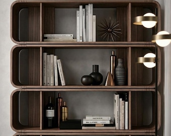 Walnut Open Bookcase, Modern Rounded Shelving Unit