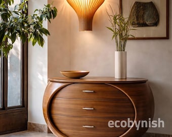 Cómoda redondeada de nogal, tocador moderno de mediados de siglo, armario de almacenamiento de madera escultural, cómoda curva de 3 cajones.