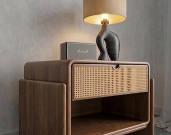 Walnut Cane Nightstand, Wooden Bedside Table, Rattan End Table, Mid Century Modern Side Table, Japandi Bedroom Furniture