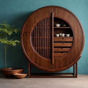 Round Walnut Cabinet, Sculptural Storage Cabinet, Japanese Style Display Cabinet, Circular Wooden Sideboard, Statement Furniture