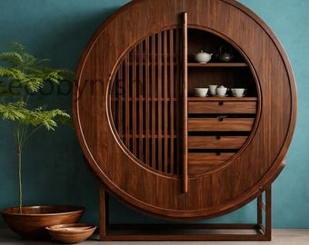 Mobile rotondo in noce, mobile contenitore scultoreo, vetrina in stile giapponese, credenza circolare in legno, mobile di design