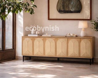 Aparador de ratán, consola buffet de caña, armario de almacenamiento de roble claro, aparador escandinavo, credenza bohemia