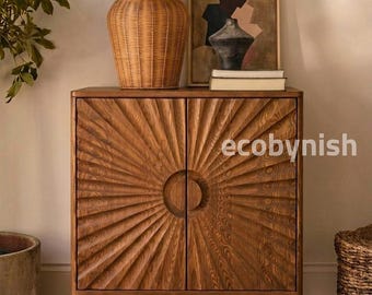 Walnut Drinks Cabinet with Sunburst Doors, Modern Bar Cabinet, Wooden Accent Storage Cabinet, Luxury Entertaining Unit