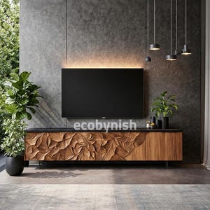 Carved Wood Media Console, Walnut TV Cabinet, Modern Entertainment Unit