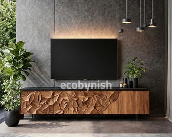 Consola multimedia de madera tallada, mueble para TV de nogal, unidad de entretenimiento moderna