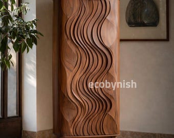 Mobile moderno in noce, armadio alto in legno per riporre oggetti, mobile di design artistico.