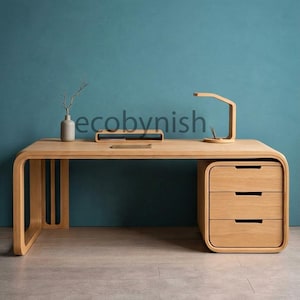 Scrivania in rovere chiaro, scrivania moderna con cassetti, scrivania scandinava per ufficio domestico, tavolo da studio minimalista in legno