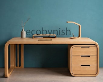 Escritorio de roble claro, escritorio moderno con cajones, escritorio de oficina en casa de estilo escandinavo, mesa de estudio minimalista de madera