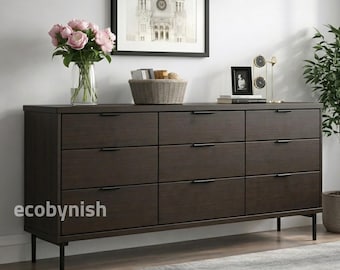 Walnut 9 Drawer Dresser, Modern Bedroom Storage Chest, Long Wood Dresser, Mid Century Drawer Cabinet, Dark Brown Chest of Drawers