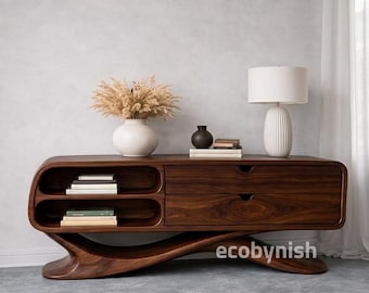 Modern Walnut Sideboard, Sculptural Wood Console, Curved Low Credenza, Organic Media Cabinet, Statement Living Room Storage