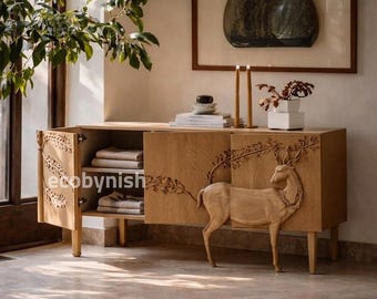 Aparador tallado artesanalmente, vitrina buffet de madera de ciervo, credenza de almacenamiento de roble