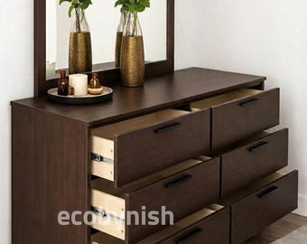 Dark Walnut 6 Drawer Dresser with Mirror, Modern Bedroom Storage Chest, Wood Vanity Dresser Set, Mid Century Drawer Cabinet