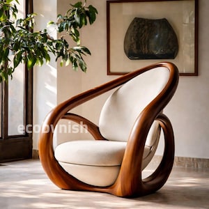 Sculptural Walnut Lounge Chair, Modern Wooden Accent Chair, Cream Upholstered Armchair, Organic Modern Statement Chair