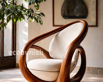 Sculptural Walnut Lounge Chair, Modern Wooden Accent Chair, Cream Upholstered Armchair, Organic Modern Statement Chair